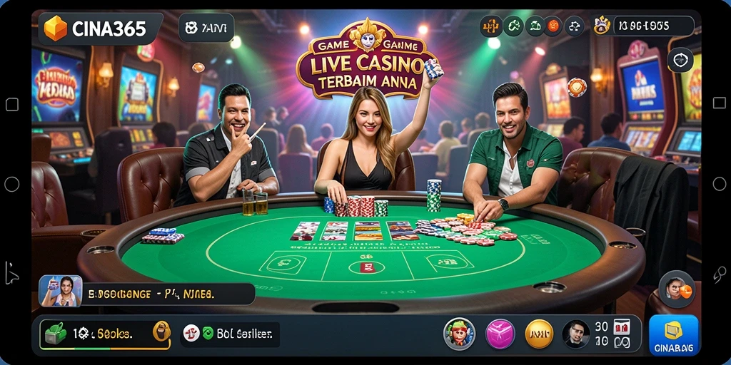 Tampilan gameplay seru dengan dealer langsung dan pemain interaktif.