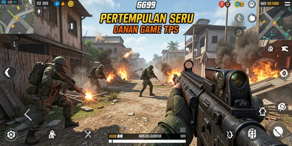 Screenshot gameplay GG99 dengan pertempuran TPS yang intens.