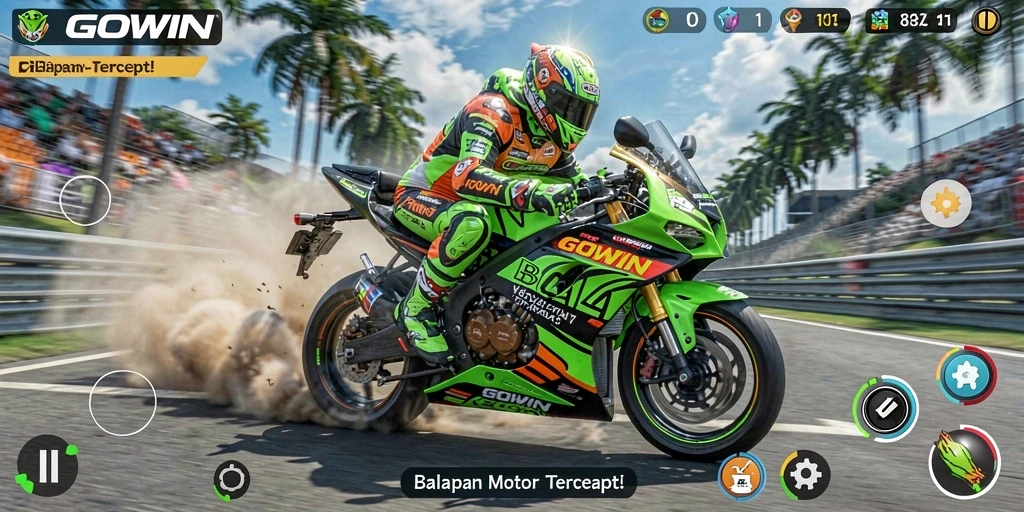 Tangkapan layar GOWIN menampilkan aksi balapan motor yang seru dan mendebarkan.