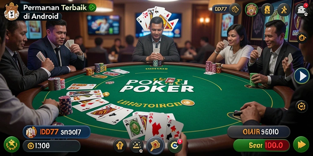 Screenshot permainan IDR77 menampilkan suasana meja Poker yang menegangkan.