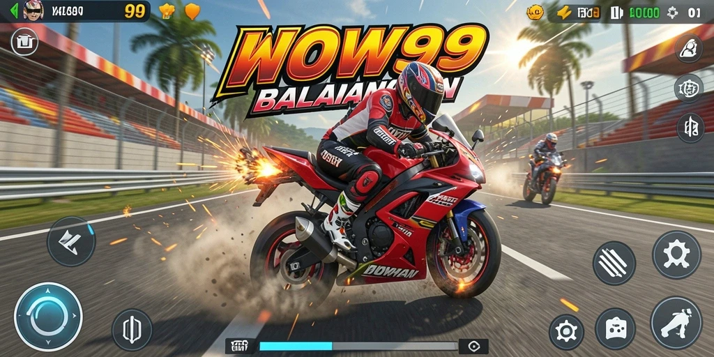 Screenshot game WOW99 menampilkan aksi balapan motor yang mendebarkan.